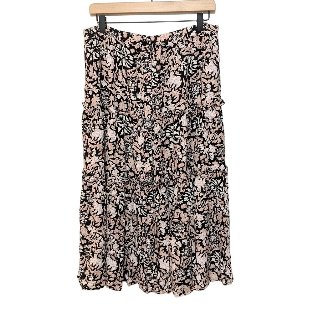 Cynthia Rowley Womens Floral Button Up Tiered Ruffle Midi Skirt Size L Tan NWT